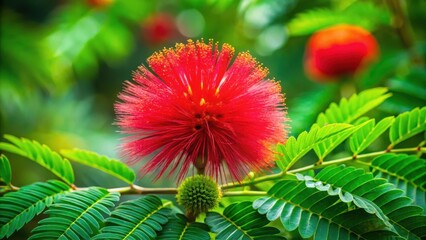 Vibrant red mimosa flower in full bloom surrounded by lush green leaves, mimosa, flower, bloom, red, vibrant, nature, beauty