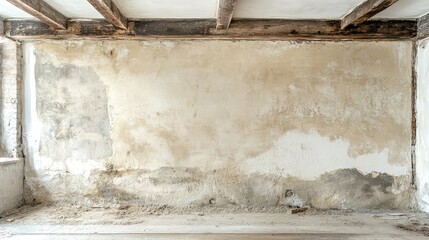 A neglected flat mid-refurbishment, showing a freshly plastered wall and wooden beams against a dusty floor