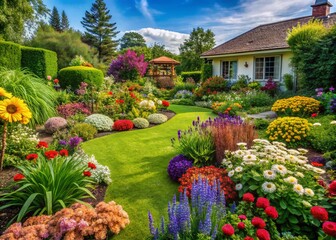 Fototapeta premium Colorful Garden Oasis: Serene Outdoor Space