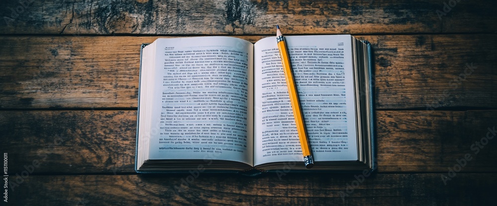 Poster an open book with text and a pencil resting on a wooden surface.
