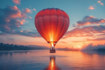 Fototapeta premium Sunrise hot air balloon over calm lake.