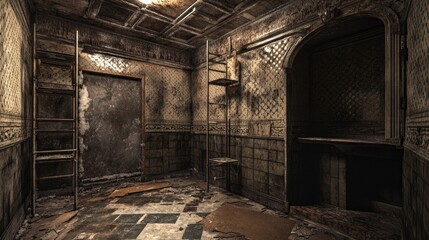 Fototapeta premium A vintage apartment under renovation, featuring a mix of cracked tiles, scaffoldings, and a new drywall frame