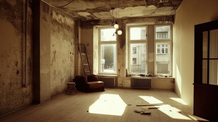 A worker installing modern lighting fixtures in a flat with unfinished walls and an old ceiling