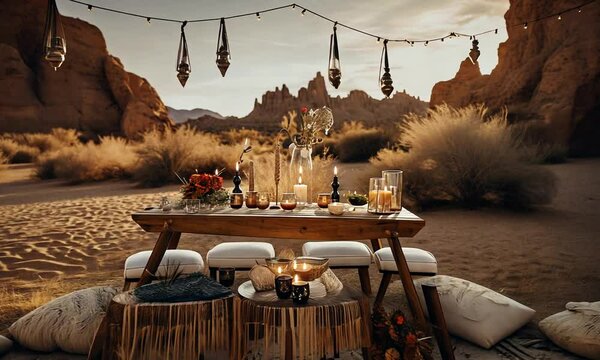 Desert bohemian picnic setup with wooden table, candles, and pillows on a rug.