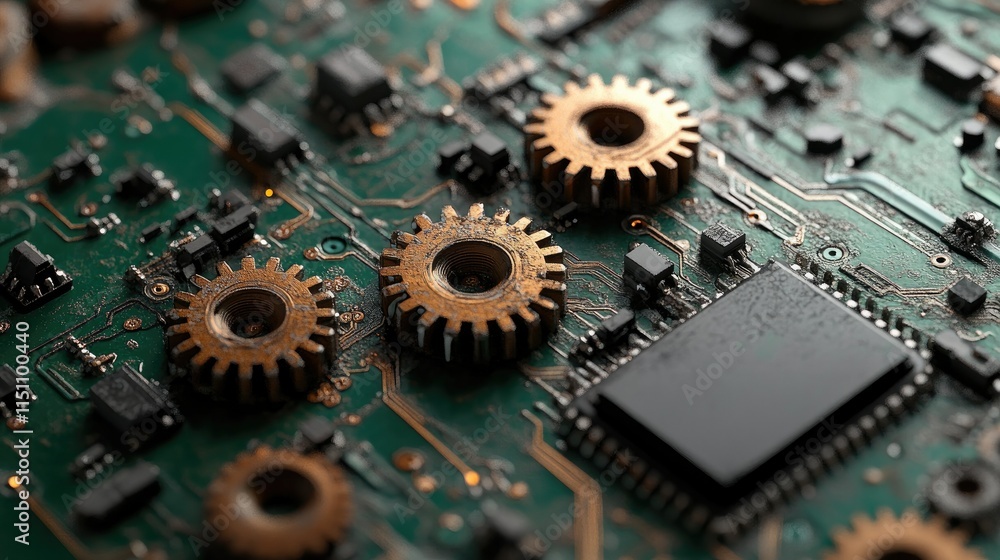Poster abstract design featuring gears and interconnected circuits representing the idea of innovation