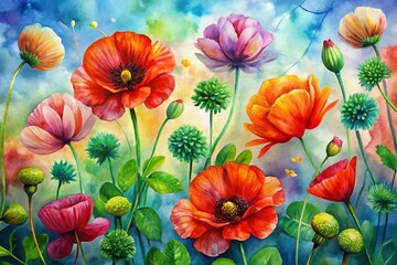 Colorful Poppy Clover Flowers Seamless Pattern Landscape Photography AI Art