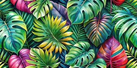 Colorful Tropical Monstera Watercolor Seamless Pattern Long Exposure