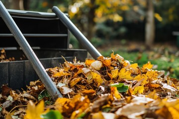 Detailed photo of a pile of autumn leaves being raked into a compost bin, Earth Day garden waste, earthy tones, natural light. 