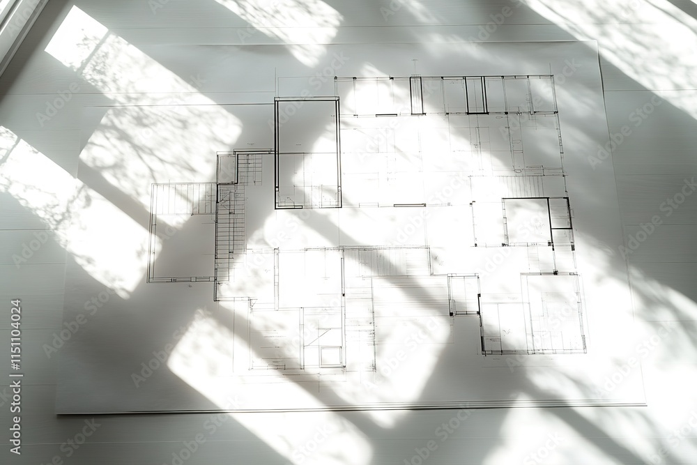 Poster clean flat lay of sustainable housing blueprints on smooth matte surface with soft directional light