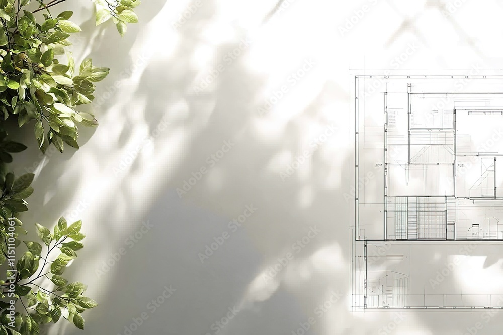 Poster clean flat lay of sustainable housing blueprints on smooth matte surface with soft directional light