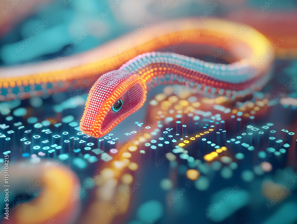 Poster a colorful, digital snake intertwined with circuit patterns, representing a fusion of nature and tec