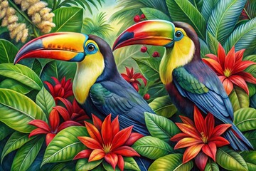 Fototapeta premium Costa Rican Toucans: Watercolor Forest Aerial View