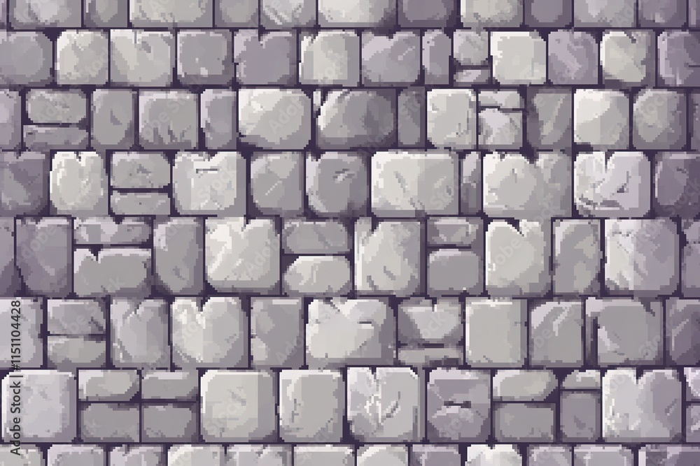 Poster grid-based pixel art texture of stone bricks in muted gray tones perfect for creating classic dungeo
