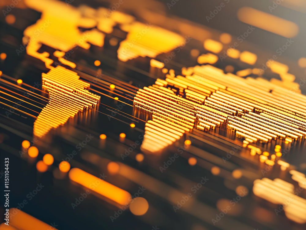Aufkleber a close-up of a glowing world map in golden tones, showcasing a digital representation of geography 