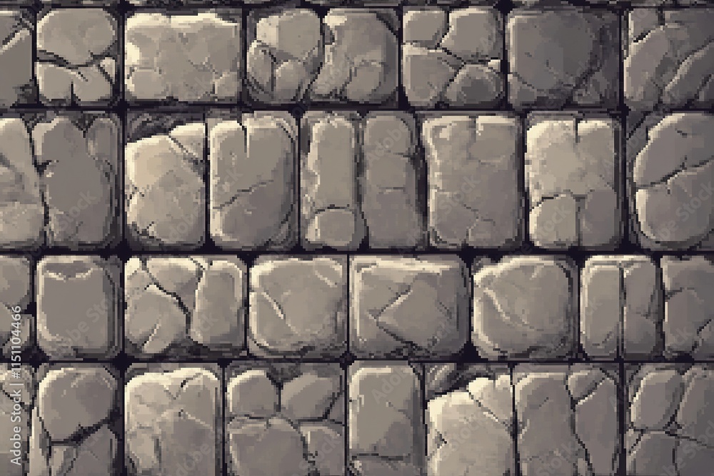 Poster grid-based pixel art texture of stone bricks in muted gray tones perfect for creating classic dungeo
