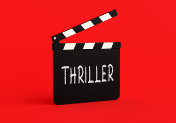 Fototapeta premium Movie clapperboard with thriller genre written on it over red background