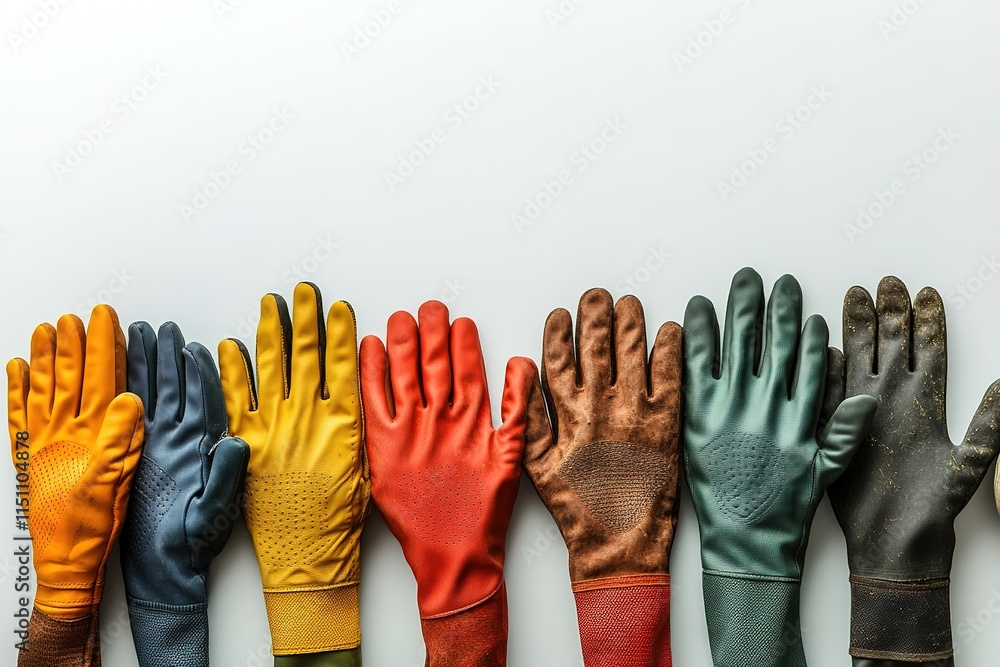 Poster set of assorted gardening gloves neatly arranged side by side with space to left for text