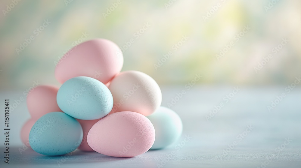 Poster stack of pastel-colored easter eggs displayed on clean matte surface under soft diffused light