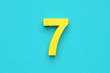 Yellow number seven on blue background