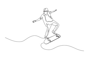 Man playing skateboard continuous one line drawing. Skateboard player single line art illustration. Editable vector.