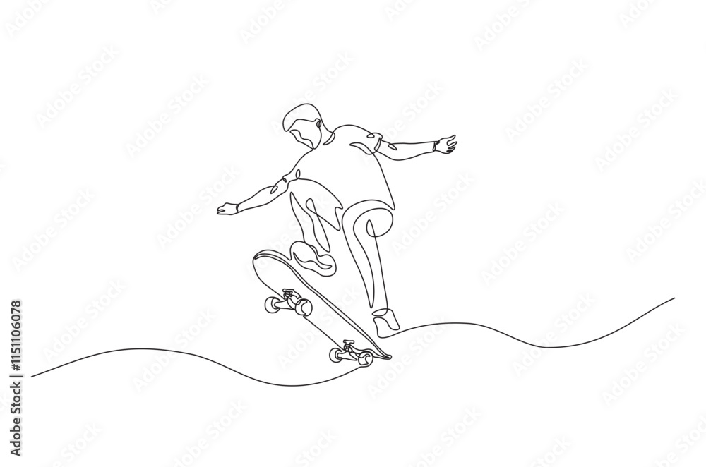 Poster man playing skateboard continuous one line drawing. skateboard player single line art illustration. 