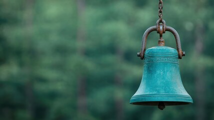 Fototapeta premium washington state heritage concept. A close-up of a vintage bell hanging against a blurred natural background, featuring a green patina and rustic charm.