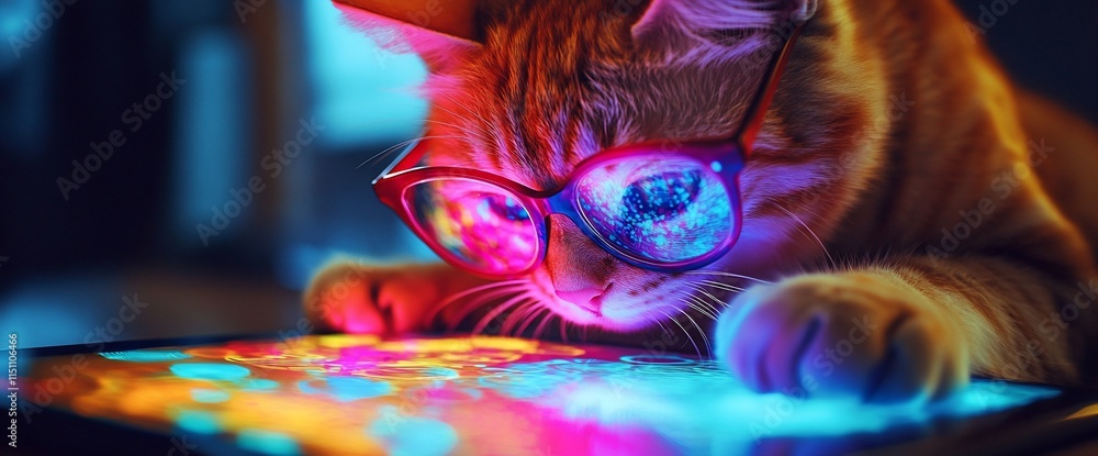 Poster a cat in glasses interacts with a colorful tablet screen.