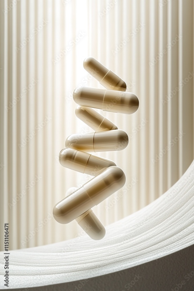 Poster clean creative design of vitamin capsules forming dynamic spiral pattern displayed mid-air in minima