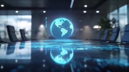 Futuristic Conference Room with Holographic Earth Globe Display