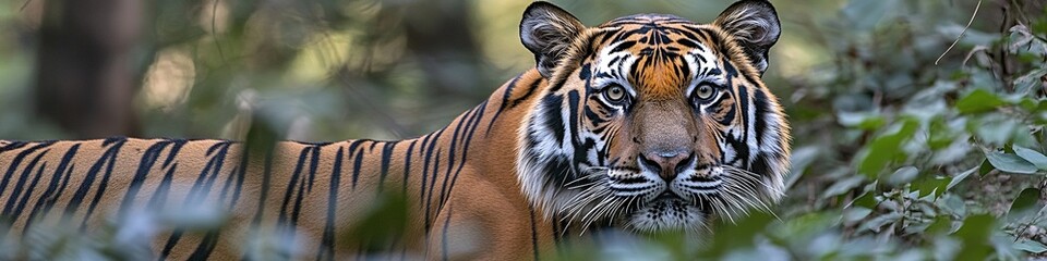 Obraz premium close-up of endangered bengal tiger in its natural habitat standing tall in forest with its striking fur visible surrounded
