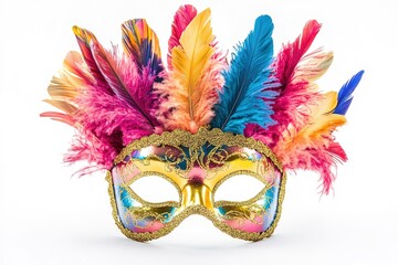 colorful mardi gras mask with vibrant feathers and gold accents isolated on white background