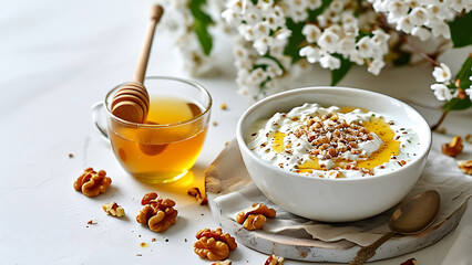 Delicious and healthy breakfast bowl with creamy yogurt, drizzled honey, crunchy walnuts, and a cup of honey tea.  Concept of healthy eating, wellbeing, and natural ingredients.