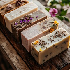 Soap close-up on wood.
