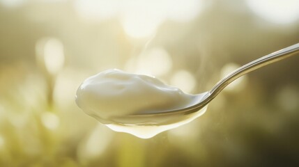 Creamy Spoonful of Fresh Yogurt Against a Natural Background