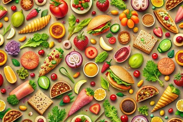 Seamless Food Pattern, Colorful Contour Fill, AI Food Photography
