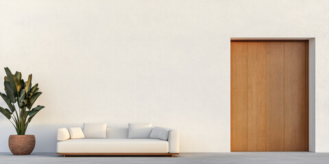 Modern minimalist living room with white sofa and wooden door in contemporary decor