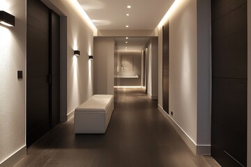 Minimalist doors and sleek dark wood floors lead through a modern hallway with soft lighting.