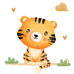 Happy Animal Tiger Watercolor with background cloud and grass