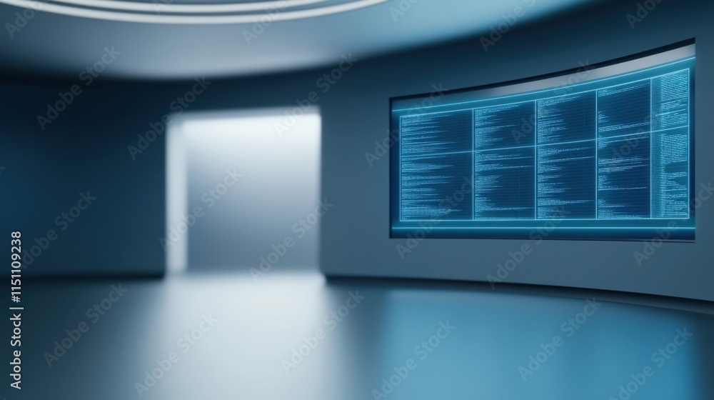 Poster a futuristic room with a glowing monitor displaying data, illuminated by soft blue light, and a door