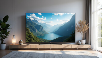 3D TV mockup displaying a scenic landscape in a modern living room for interior design concept