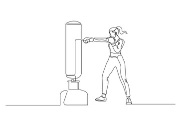 Woman hitting the heavy bag continuous one line drawing. Boxer training with the punchbag single line art illustration. Editable vector.