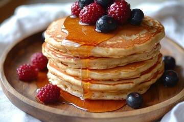 stack of fluffy pancakes topped with syrup and fresh berries served on rustic wooden plate