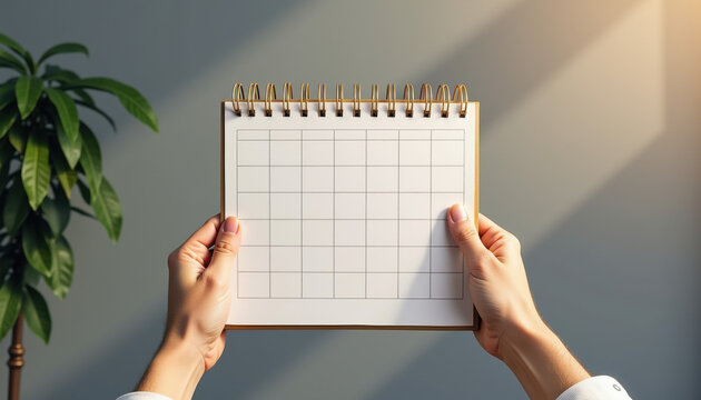 Spiral desk calendar mockup held in hands with blank grid on a soft background for planning concept