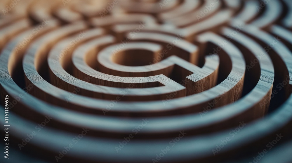 Poster a close-up view of a wooden labyrinth design, featuring intricate patterns and curves, creating a vi