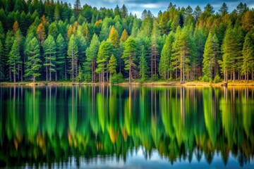 Obraz premium Serene Lake Reflection: Pine Trees