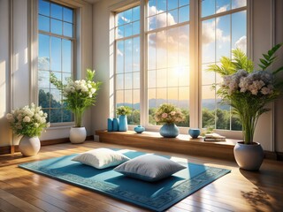 Serene Meditation Space, Mindfulness, Peaceful Home, Blue Rug, White Cushions, Flowers, Sunlit Window, AI Photo