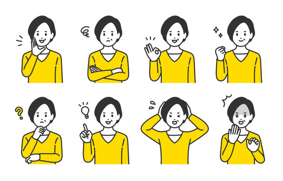 いろいろな表情やポーズをする中年女性のセット【人物ベクターイラスト素材】