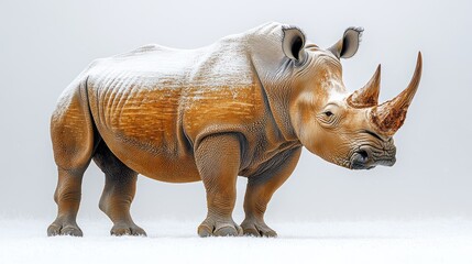 Fototapeta premium A majestic rhinoceros covered in snow stands against a white background.