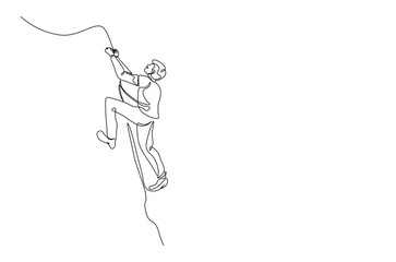 Person doing an extreme sport climbing a rocky mountain continuous one line drawing. climber lifestyle and rock climbing single line art illustration. Editable vector.