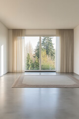 Fototapeta premium Modern minimalist room with large windows showcasing serene outdoor view during daylight